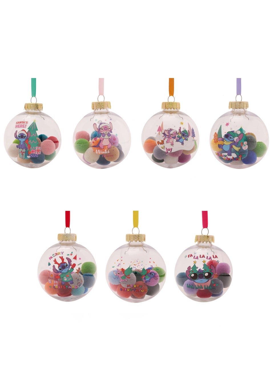 Disney Stitch Set Of 7 Multicoloured Baubles With Pom Poms