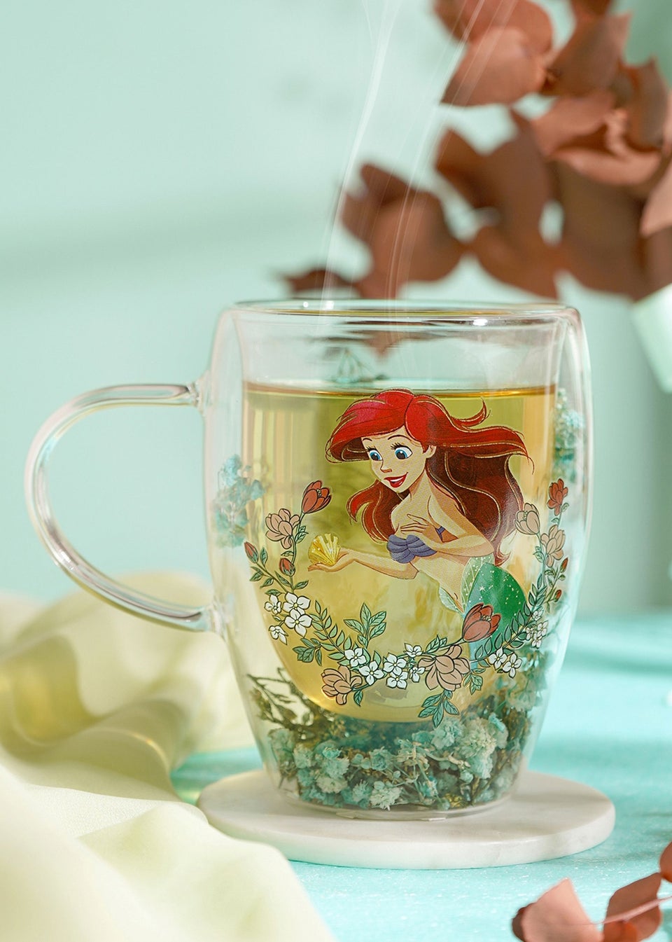 Disney Pastel Princess Floral Decorative Green Glass Mug Ariel
