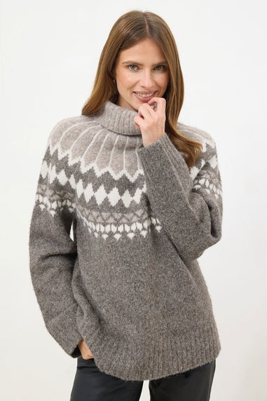 M&Co Natural Brown Fairisle Roll Neck Jumper