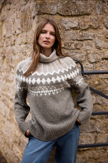 M&Co Natural Brown Fairisle Roll Neck Jumper