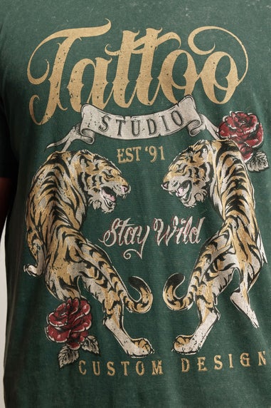 BadRhino Green Acid Wash Tattoo Tiger Graphic T-Shirt