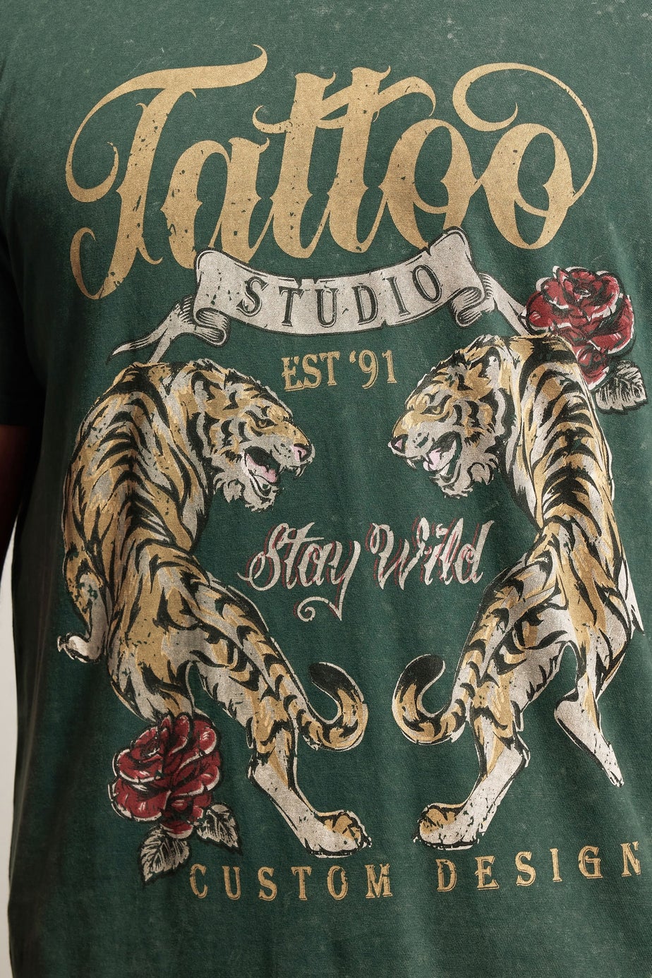 BadRhino Green Acid Wash Tattoo Tiger Graphic T-Shirt