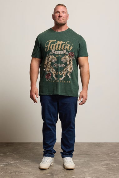BadRhino Green Acid Wash Tattoo Tiger Graphic T-Shirt