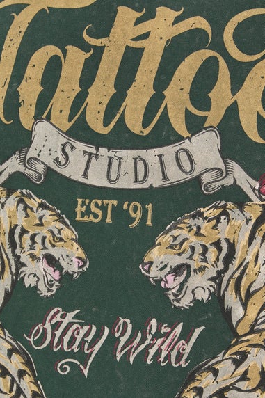 BadRhino Green Acid Wash Tattoo Tiger Graphic T-Shirt