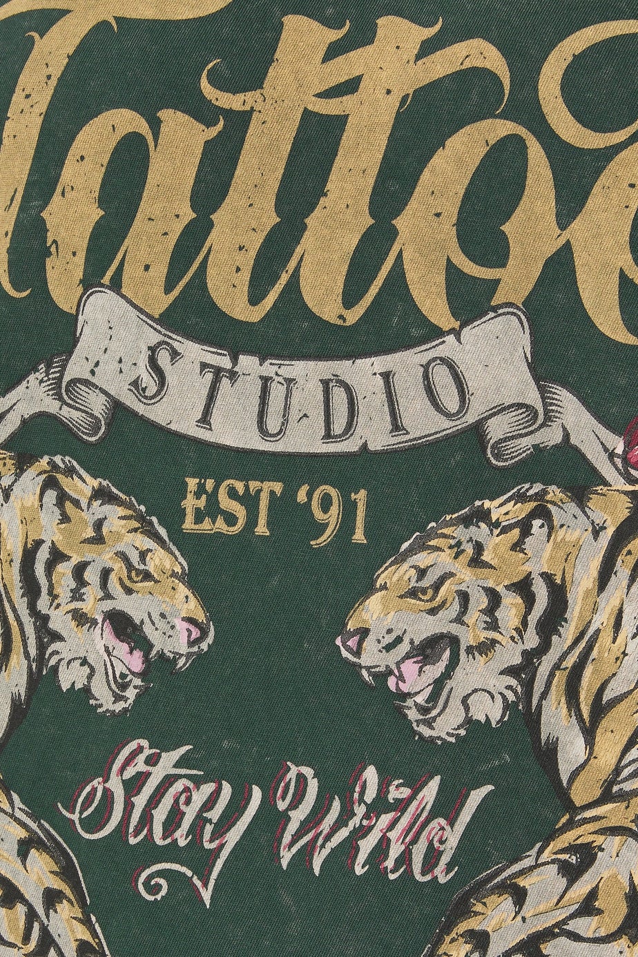 BadRhino Green Acid Wash Tattoo Tiger Graphic T-Shirt