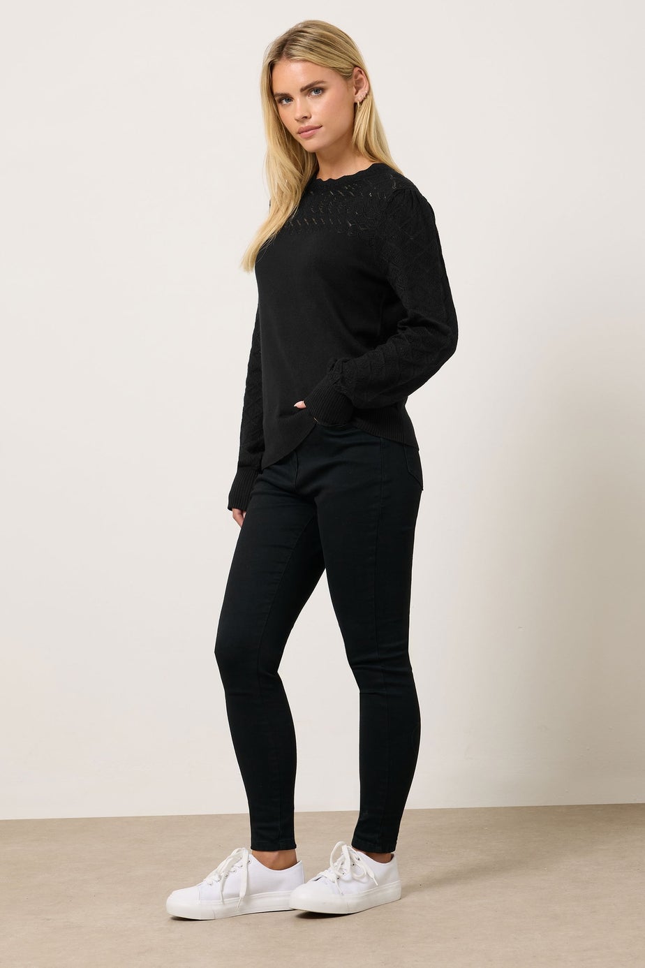 M&Co Petite Black Pointelle Long Sleeve Jumper