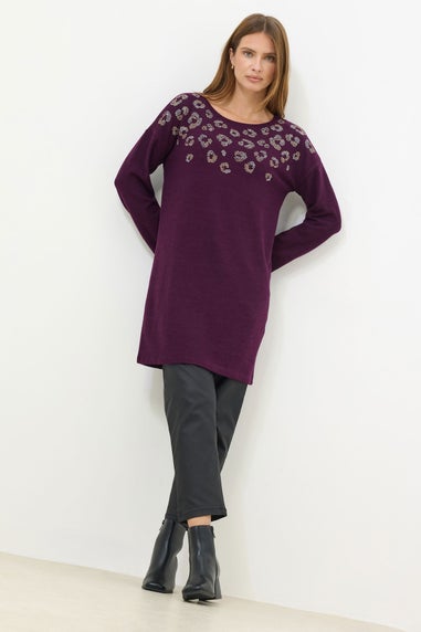 M&Co Berry Purple Embellished Leopard Tunic Jumper