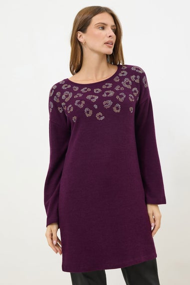 M&Co Berry Purple Embellished Leopard Tunic Jumper