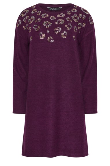 M&Co Berry Purple Embellished Leopard Tunic Jumper