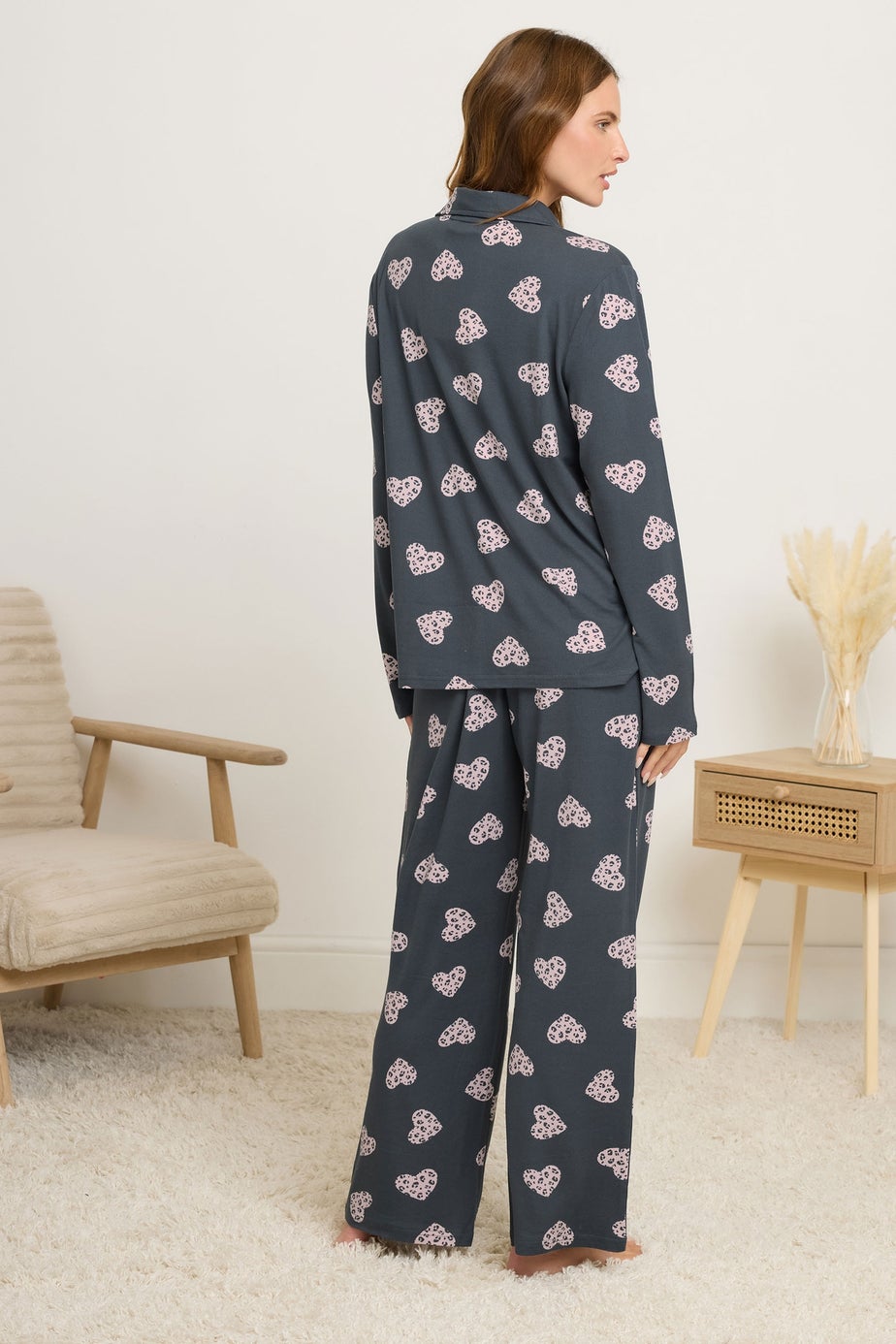M&Co Grey Animal Heart Print Soft Touch Pyjama Set