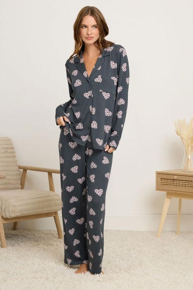 M&Co Grey Animal Heart Print Soft Touch Pyjama Set