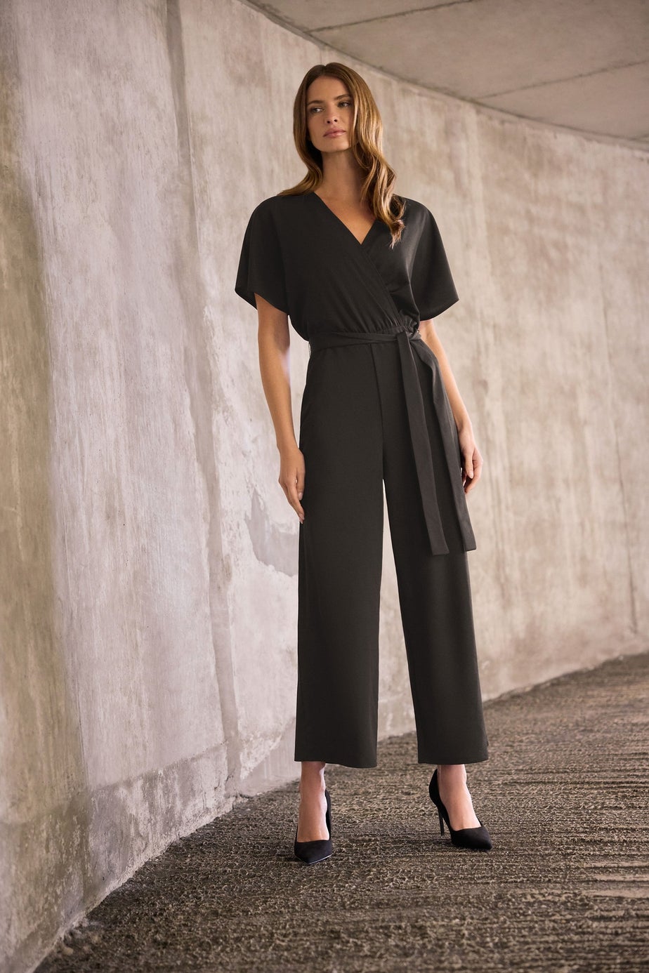 M&Co Black Wide Leg Tie Waist Jumpsuit