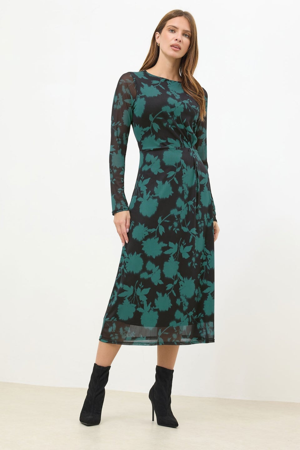 M&Co Teal Green Floral Mesh Twist Side Dress