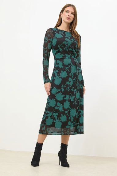 M&Co Teal Green Floral Mesh Twist Side Dress