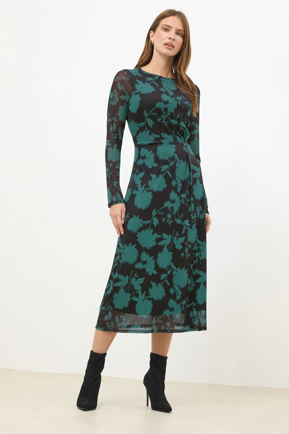 M&Co Teal Green Floral Mesh Twist Side Dress