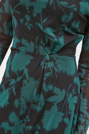 M&Co Teal Green Floral Mesh Twist Side Dress