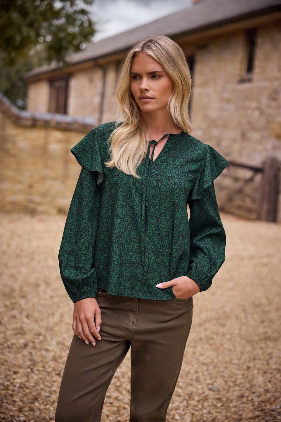 M&Co Petite Green Floral Print Tie Neck Blouse