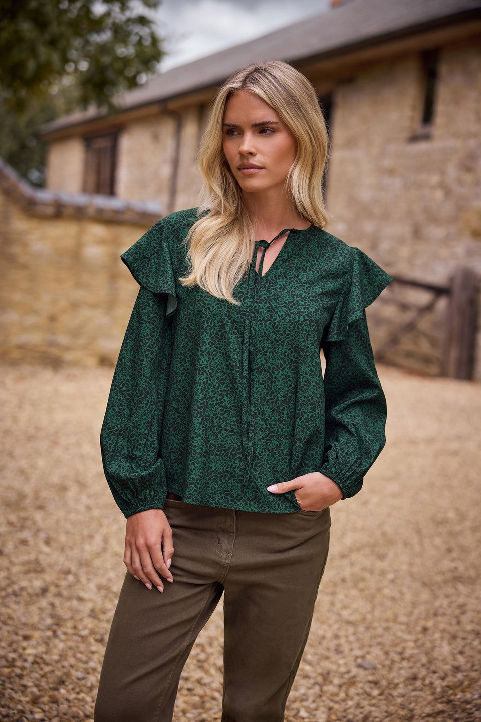 M&Co Petite Green Floral Print Tie Neck Blouse