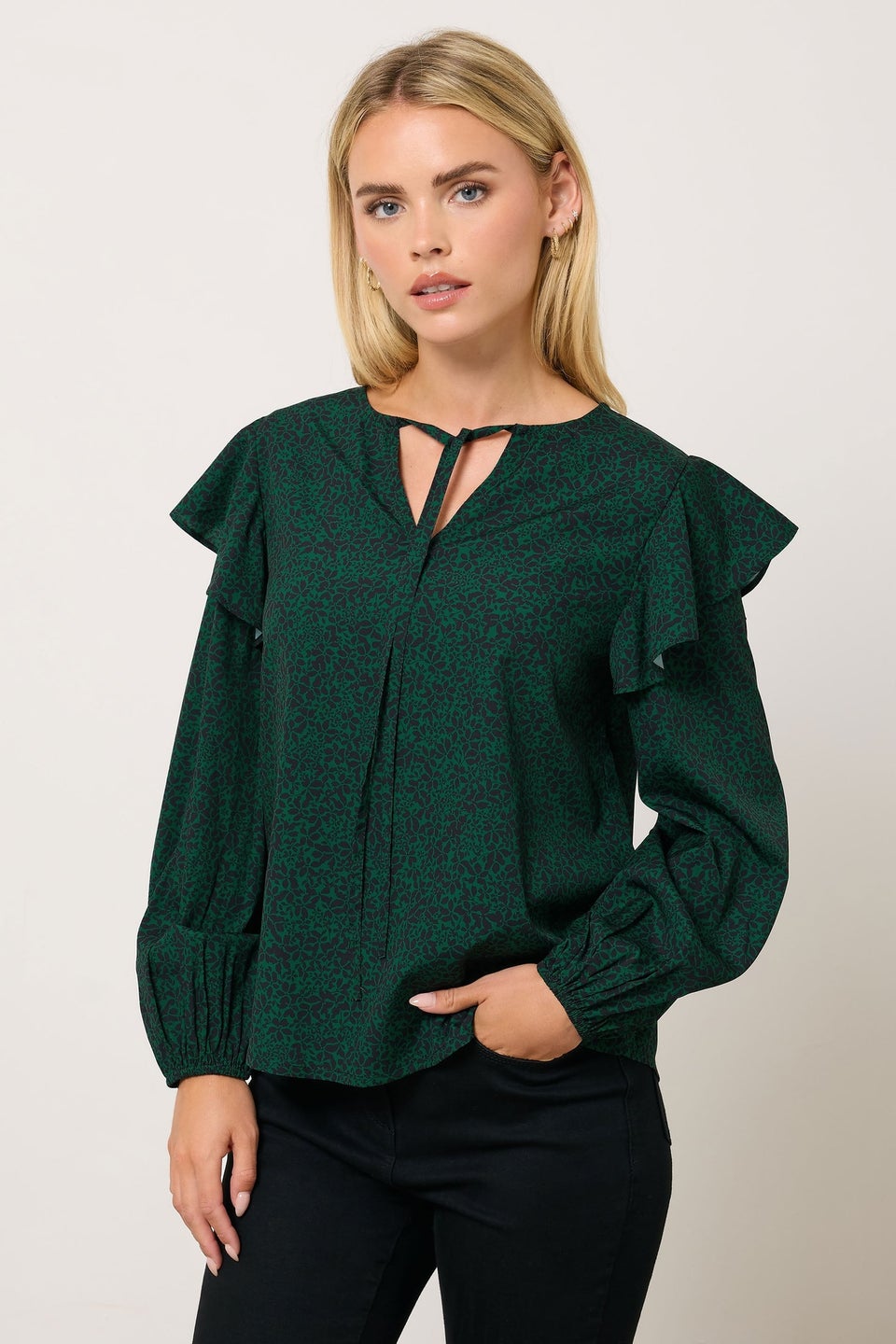 M&Co Petite Green Floral Print Tie Neck Blouse