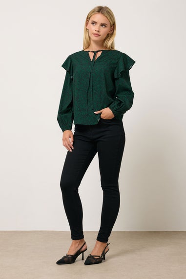 M&Co Petite Green Floral Print Tie Neck Blouse