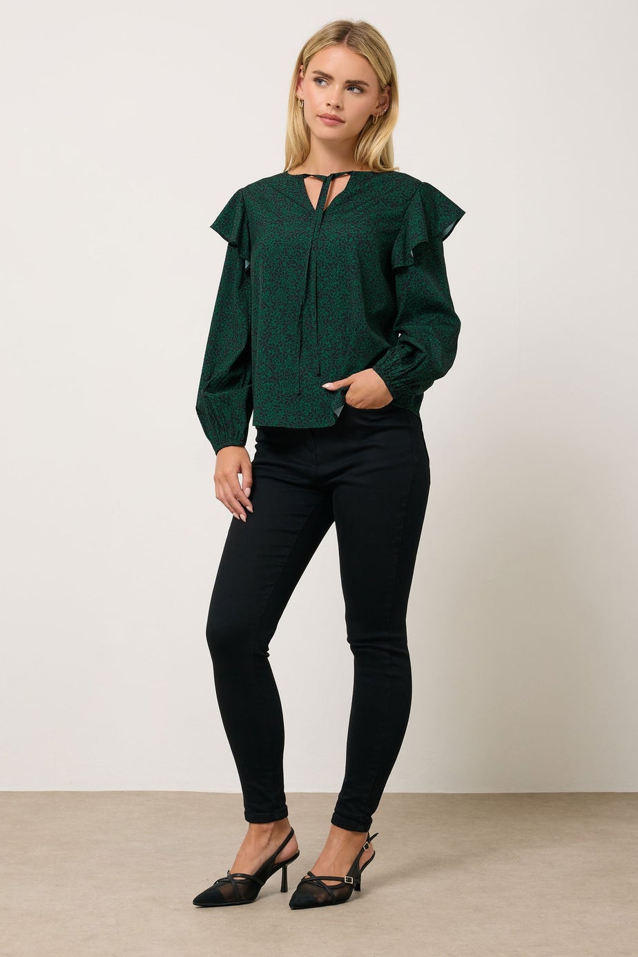 M&Co Petite Green Floral Print Tie Neck Blouse