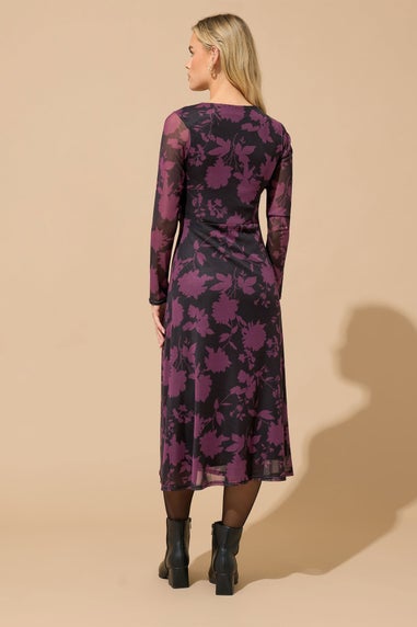M&Co Petite Berry Purple Floral Mesh Twist Side Dress