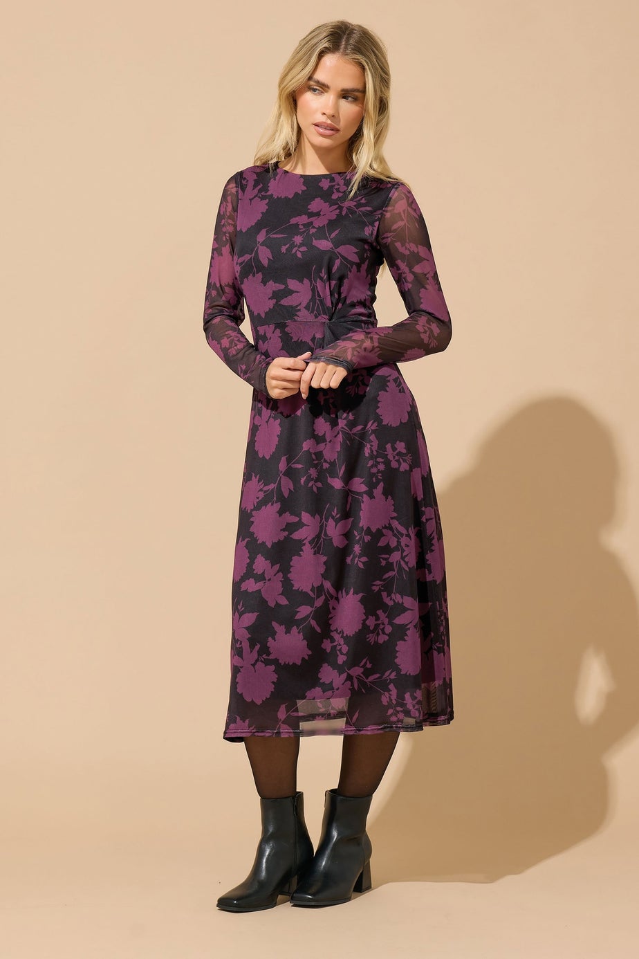M&Co Petite Berry Purple Floral Mesh Twist Side Dress