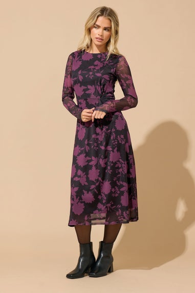 M&Co Petite Berry Purple Floral Mesh Twist Side Dress
