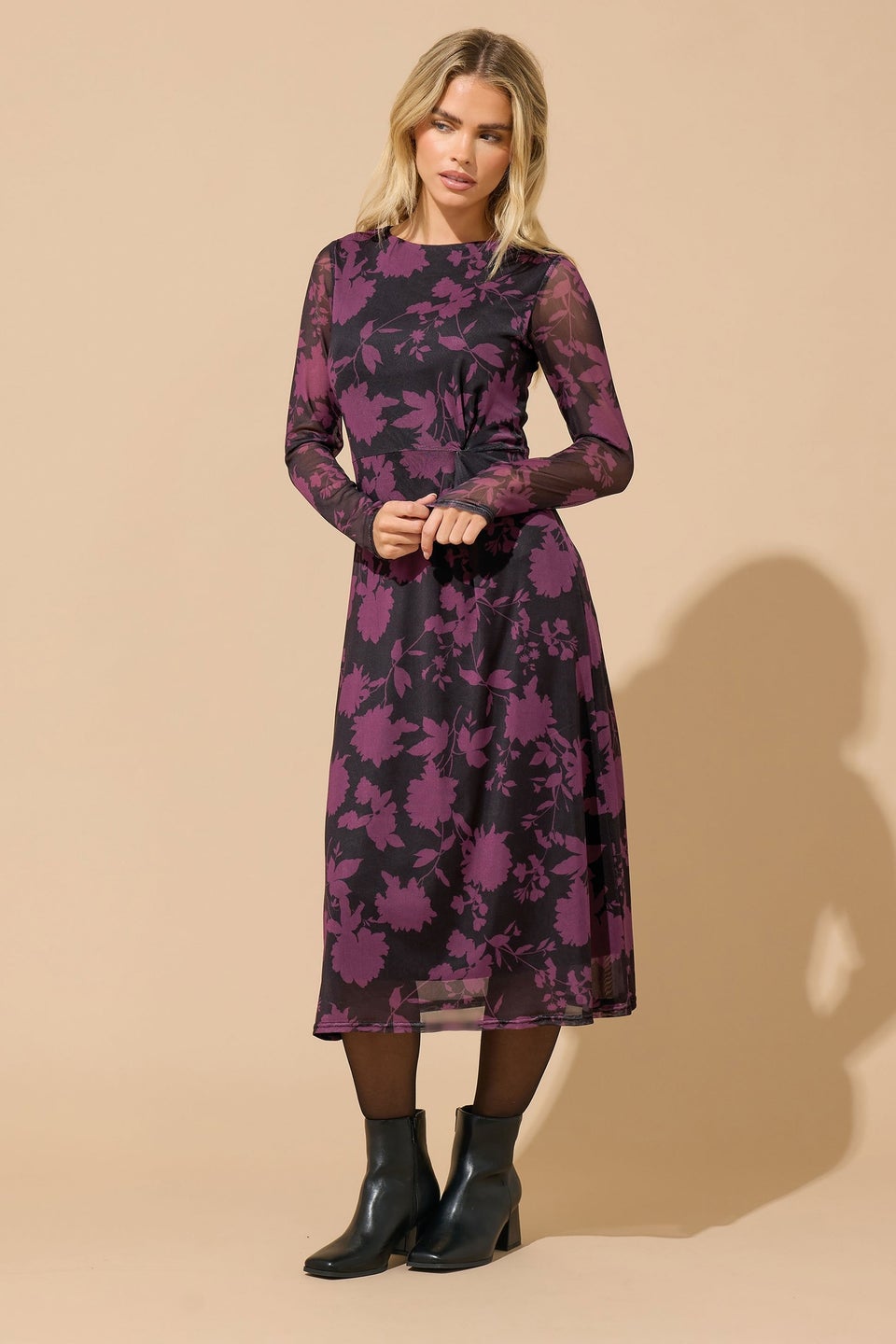 M&Co Petite Berry Purple Floral Mesh Twist Side Dress