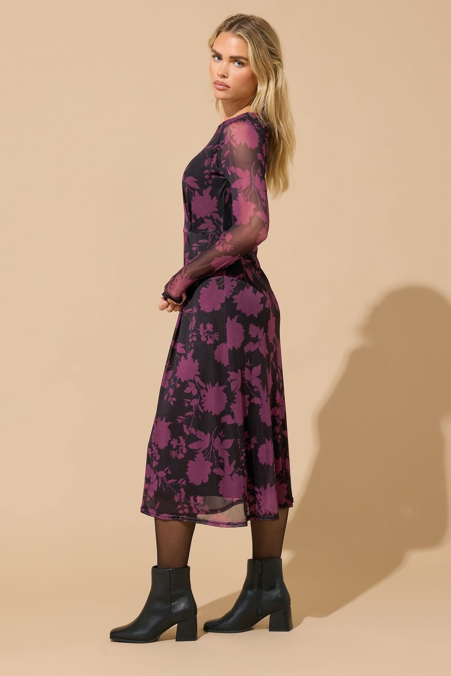 M&Co Petite Berry Purple Floral Mesh Twist Side Dress