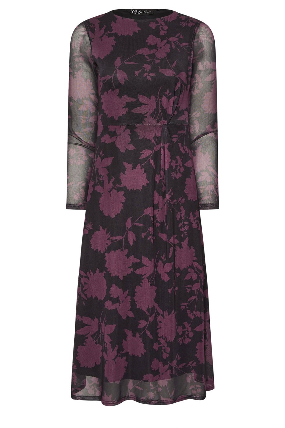M&Co Petite Berry Purple Floral Mesh Twist Side Dress