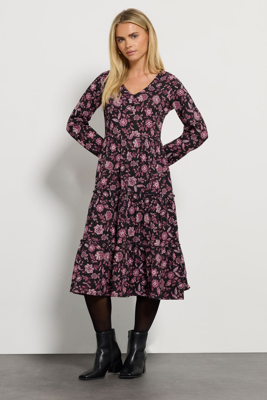 M&Co Petite Black Floral Tiered Midi Dress