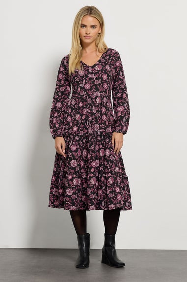 M&Co Petite Black Floral Tiered Midi Dress