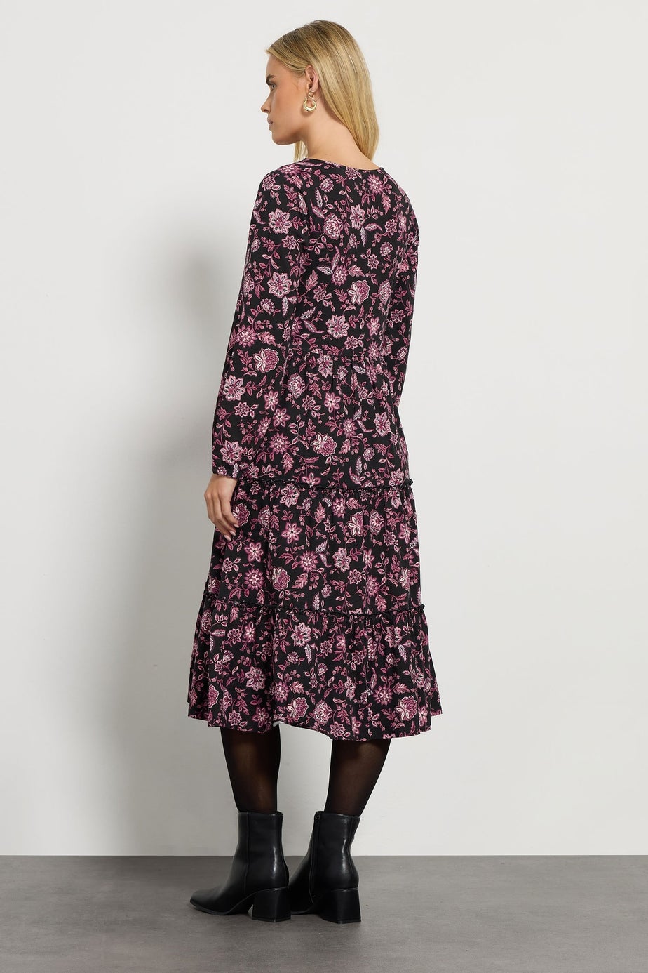 M&Co Petite Black Floral Tiered Midi Dress