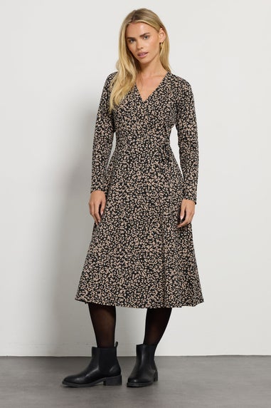 M&Co Petite Black & Brown Mixed Print Long Sleeve Wrap Dress