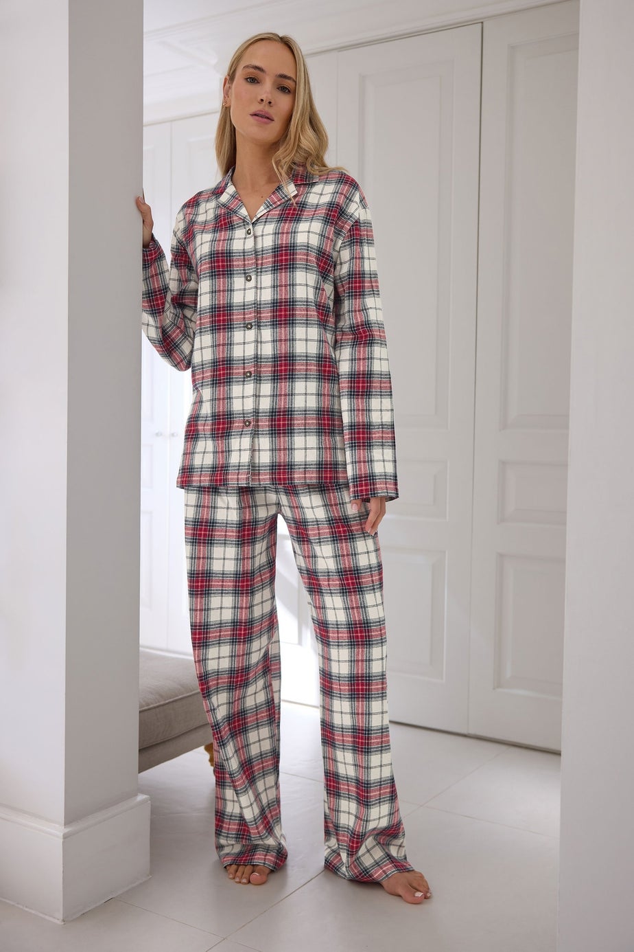 Long Tall Sally Ivory White & Red Cotton Check Pyjama Set