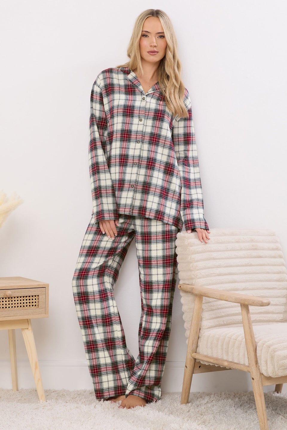 Long Tall Sally Ivory White & Red Cotton Check Pyjama Set