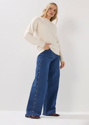 Long Tall Sally Dark Blue Pearl Detail Wide Leg Jeans