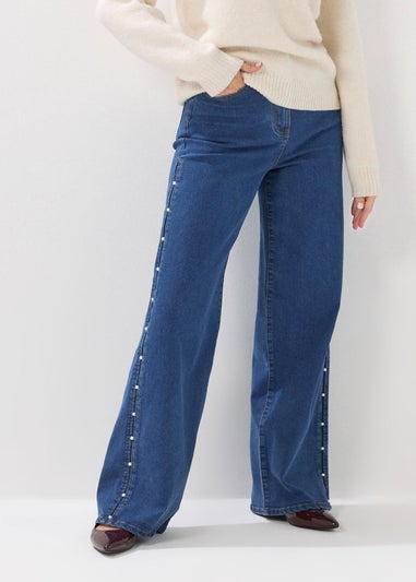 Long Tall Sally Dark Blue Pearl Detail Wide Leg Jeans