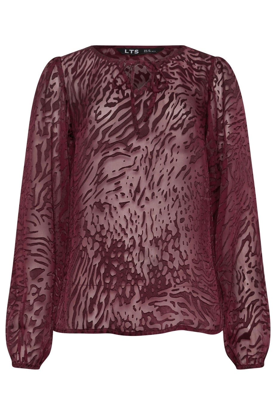 Long Tall Sally Burgundy Red Animal Burnout Tie Blouse