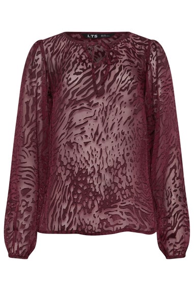 Long Tall Sally Burgundy Red Animal Burnout Tie Blouse
