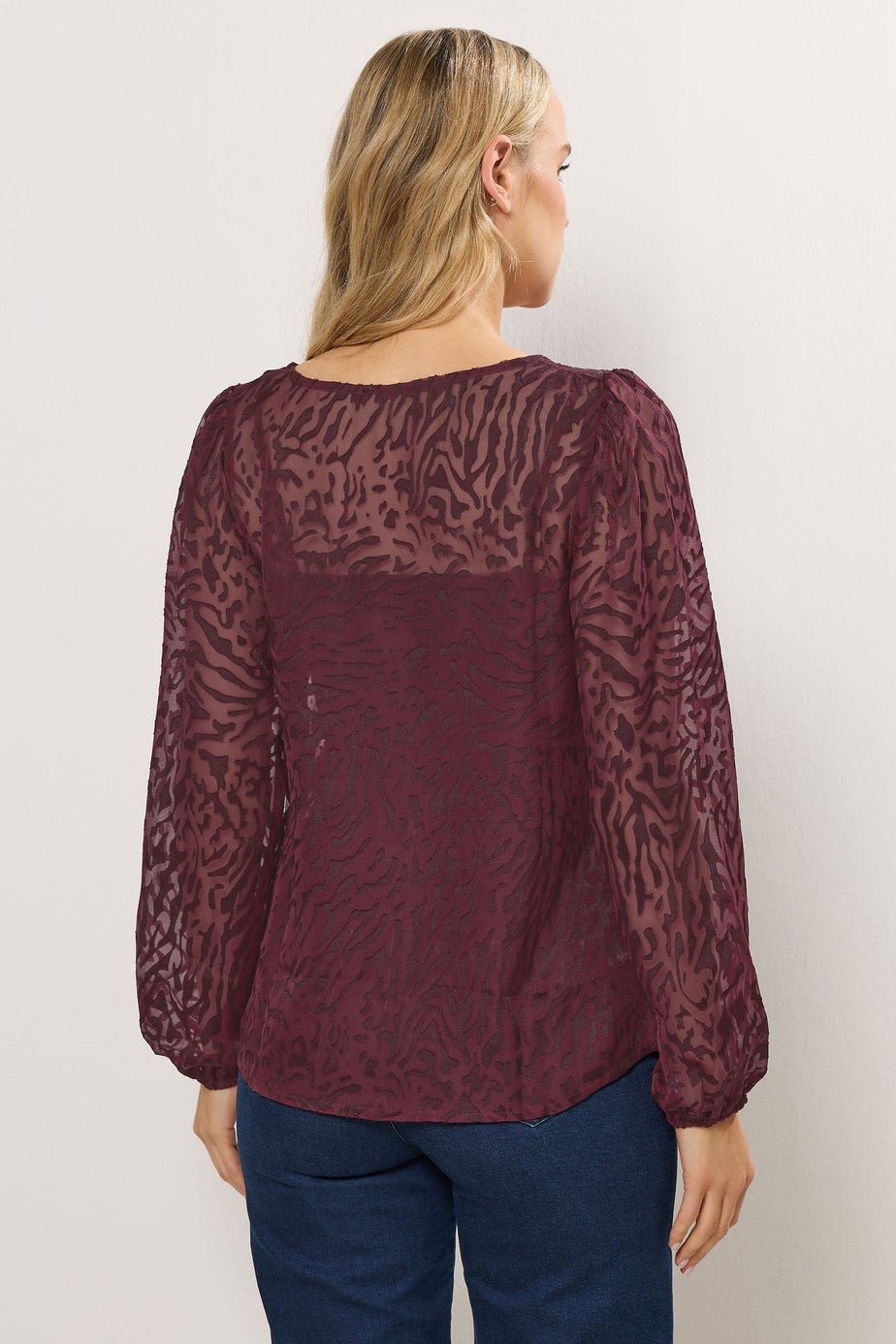 Long Tall Sally Burgundy Red Animal Burnout Tie Blouse