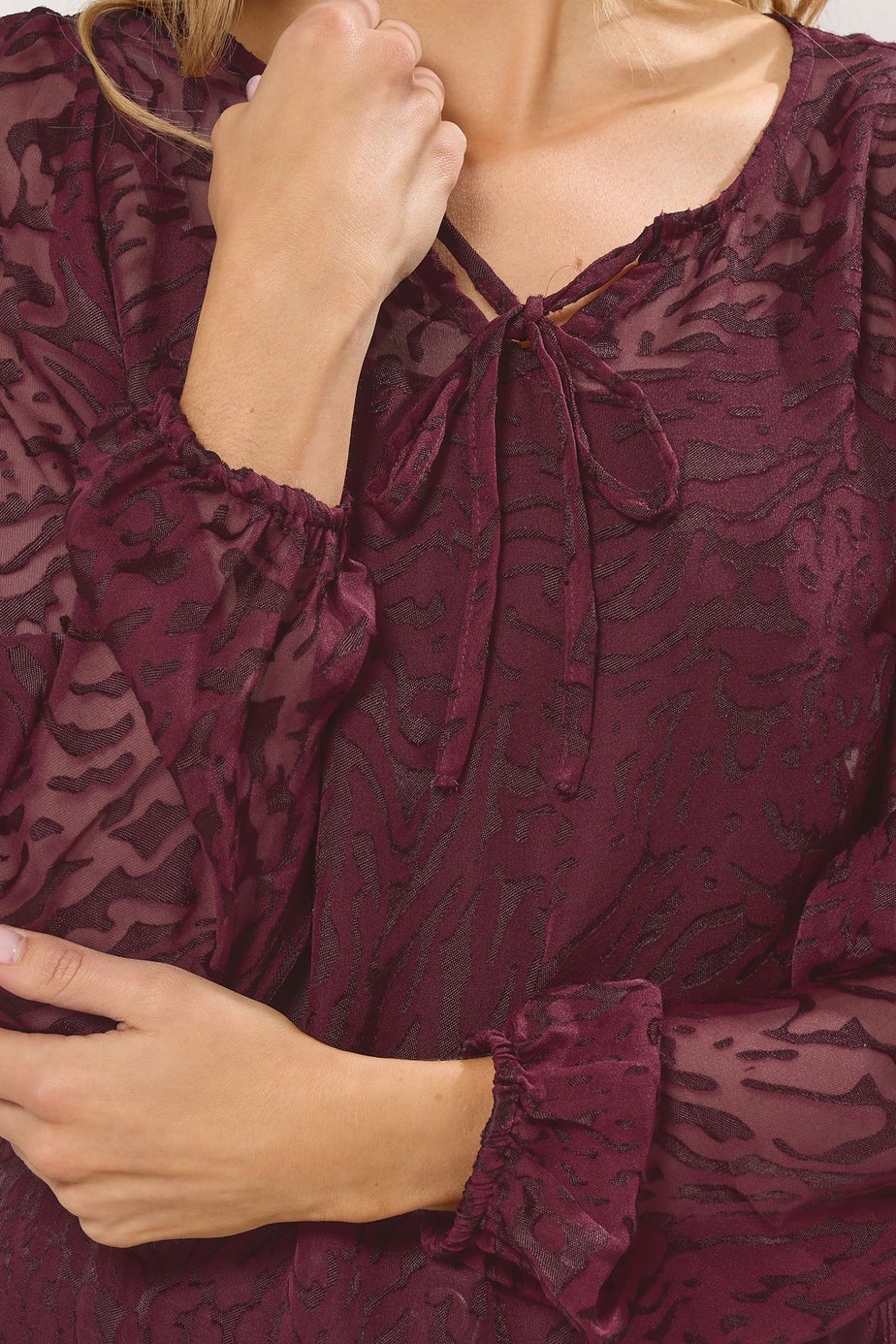 Long Tall Sally Burgundy Red Animal Burnout Tie Blouse