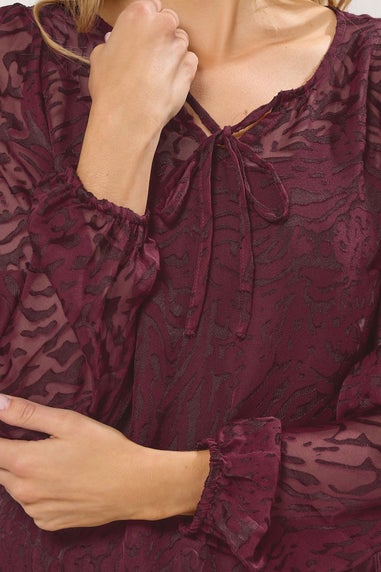 Long Tall Sally Burgundy Red Animal Burnout Tie Blouse