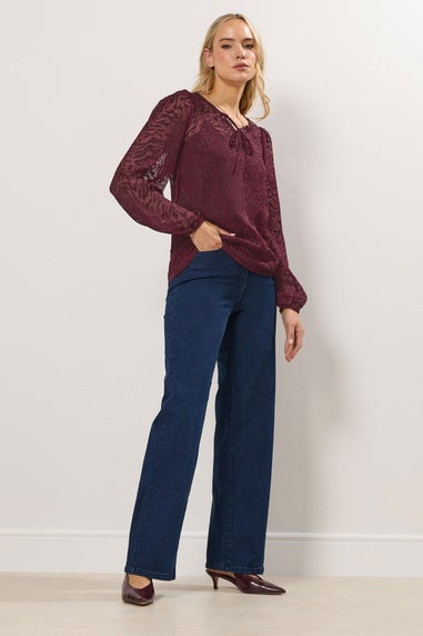 Long Tall Sally Burgundy Red Animal Burnout Tie Blouse