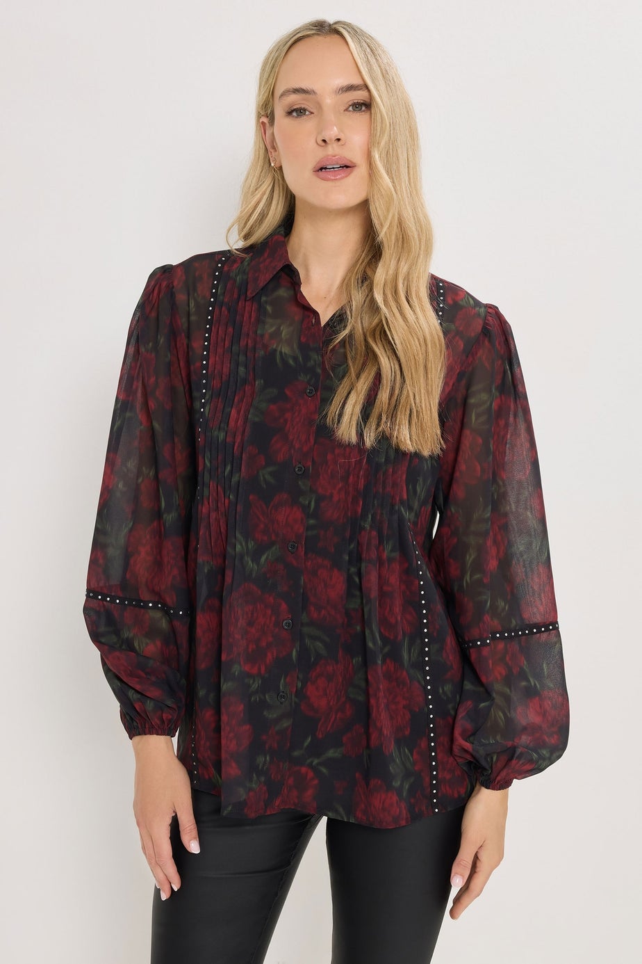 Long Tall Sally Red Rose Stud Trim Pintuck Shirt