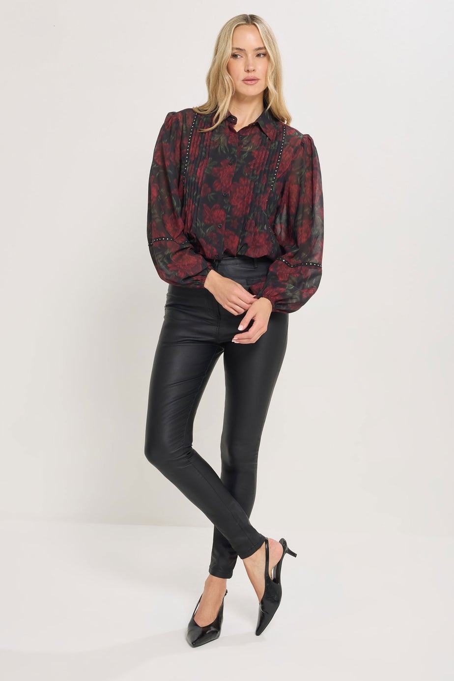 Long Tall Sally Red Rose Stud Trim Pintuck Shirt