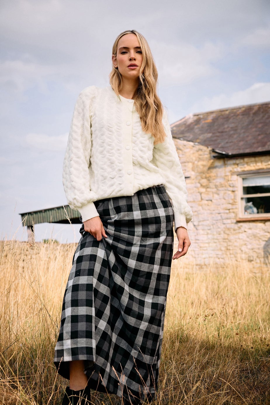 Long Tall Sally Ivory White Knitted Textured Button Cardigan