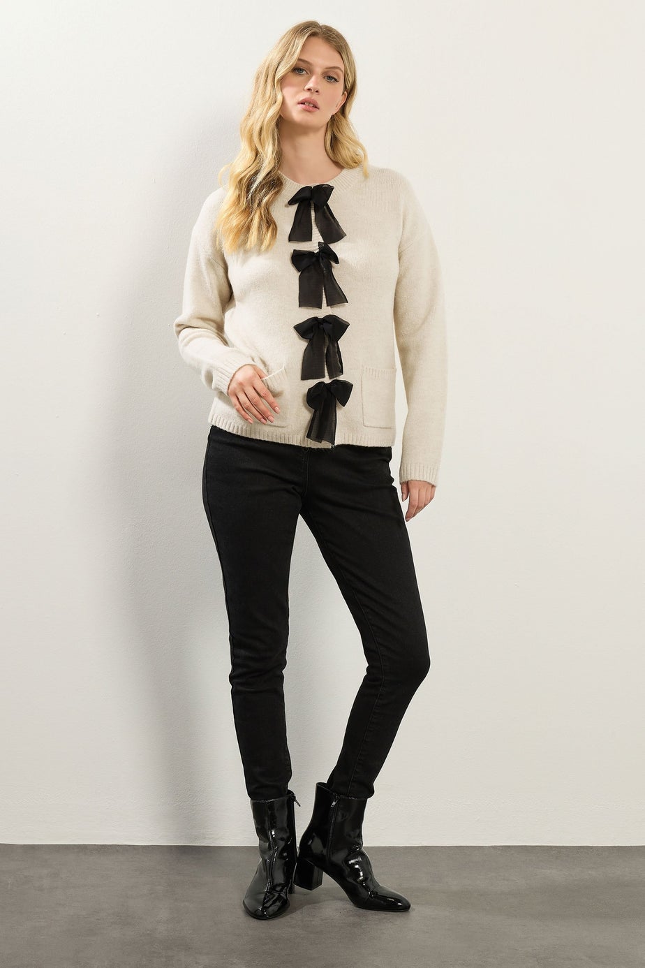 Long Tall Sally Cream Knitted Bow Front Cardigan