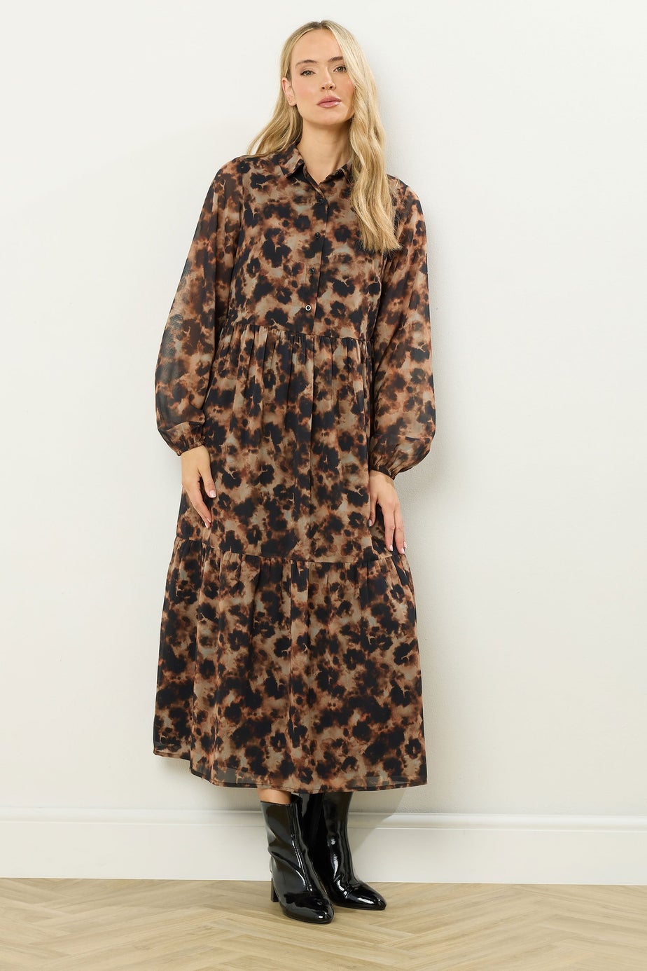 Long Tall Sally Brown Marble Sheer Tiered Dress